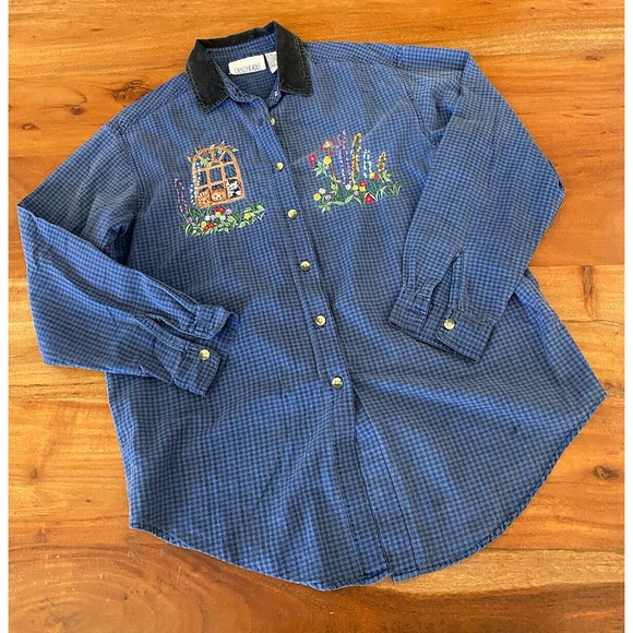 Casey & Max Tops - Kitty Cat Plaid Gingham Corduroy women’s Large Vintage 90s Grunge Cottage Core